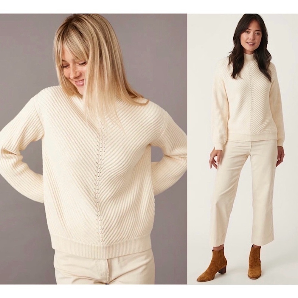 NWT‎ MARINE LAYER Ivory Cotton Merino Wool Chevron Rib Knit Mockneck Sweater S